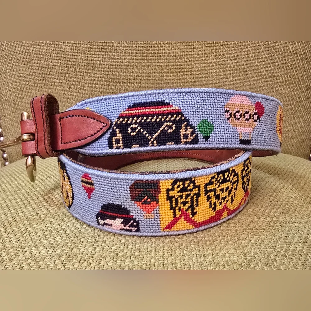 Vintage Handmade Hot Air Balloon Needlepoint Belt - Picture 1 of 8